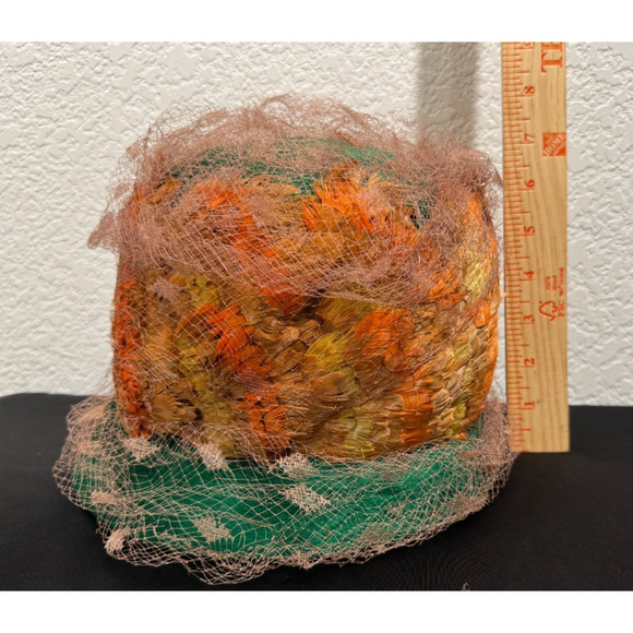 Vintage Leslie James Full Feather Bucket Hat Green Orange Net Italy Made Party main image 9